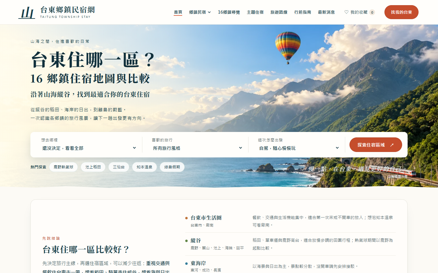 台東鄉鎮民宿網新版首頁畫面，顯示 16 鄉鎮住宿地圖與比較、分區導覽及找我的台東入口